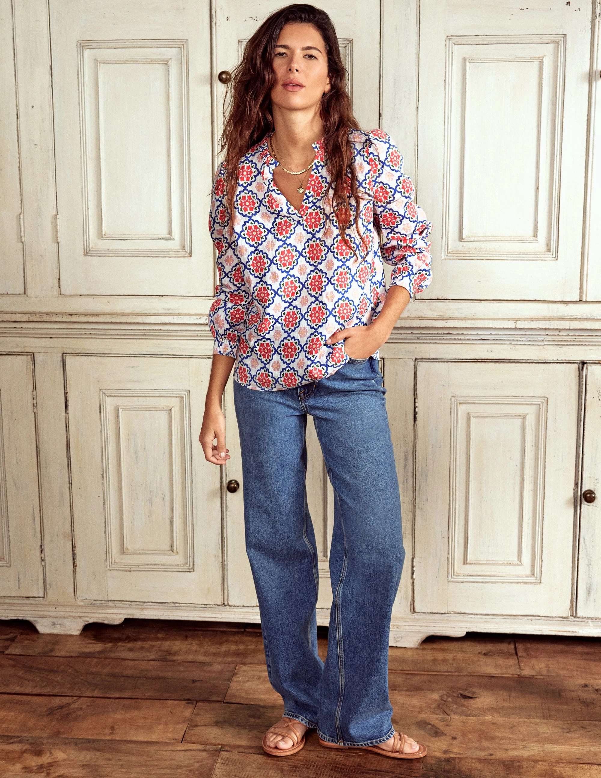 Button Down Collar Grace Linen Top-Ivory, Bloom Geo