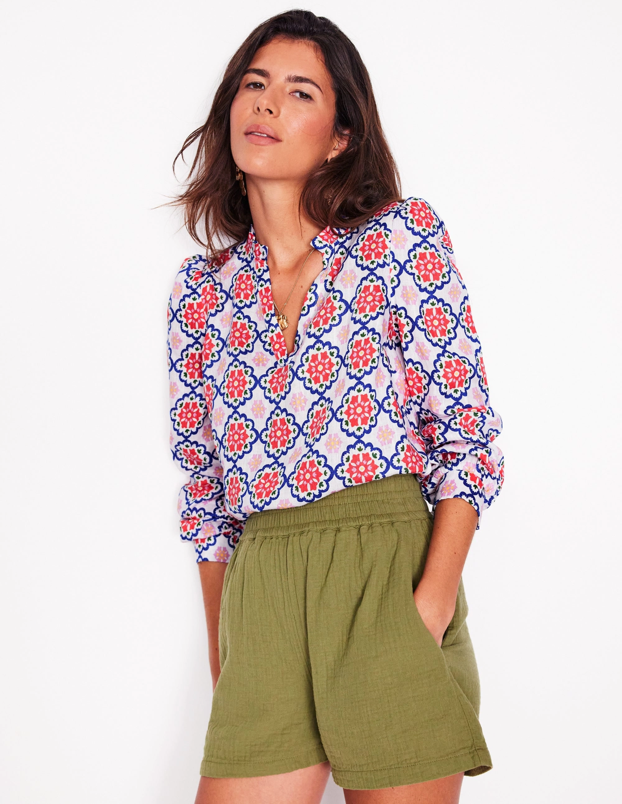 Grace Linen Top-Ivory, Bloom Geo LightweightConstruction QuickDry Performance
