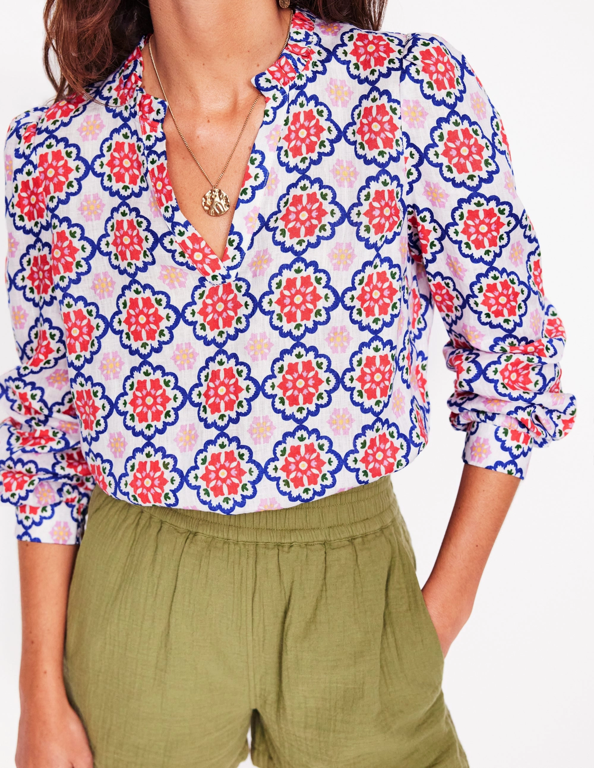 HighNeck Quick Dry Blend Grace Linen Top-Ivory, Bloom Geo