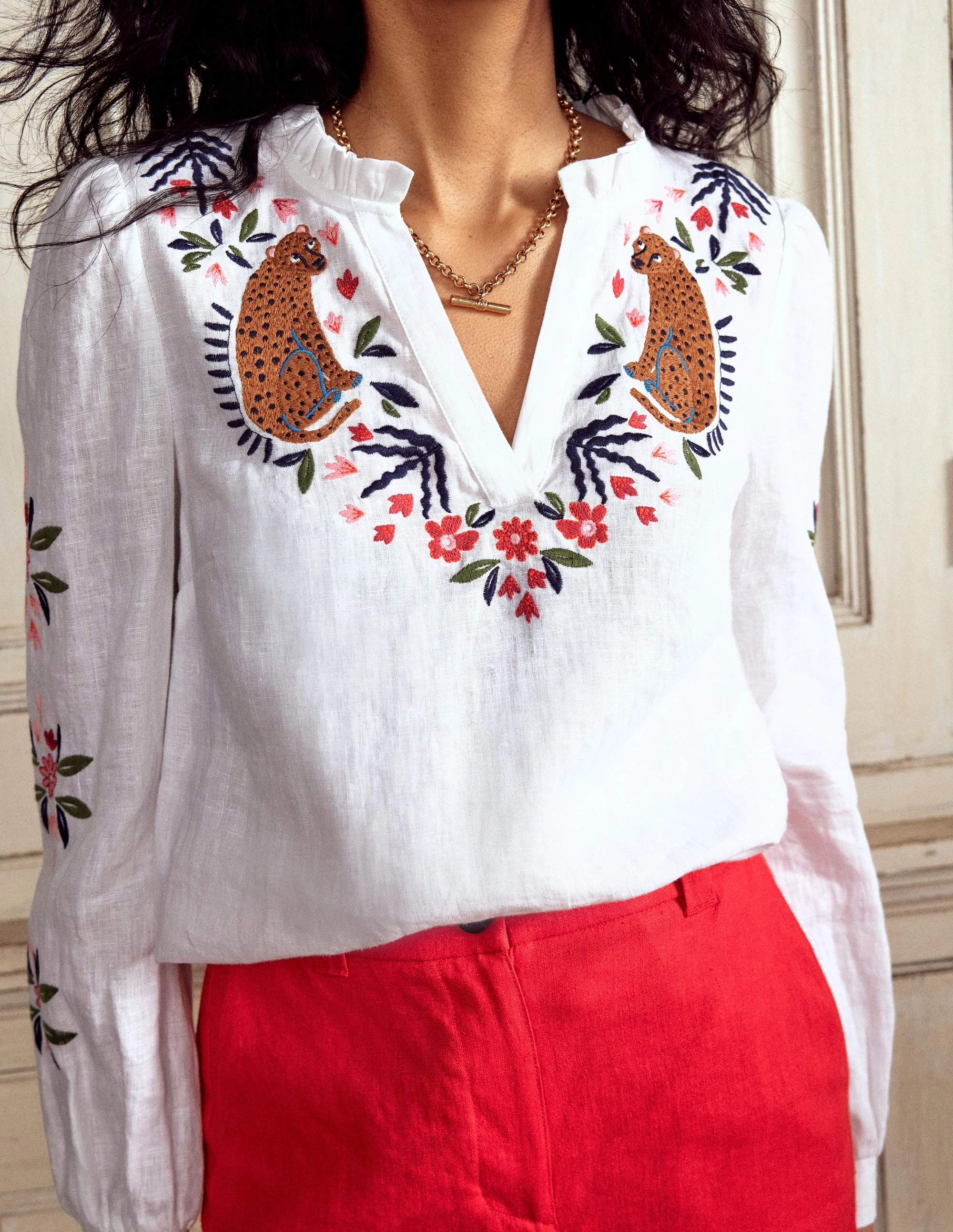 preshrunk Grace Linen Top-White, Cheetah