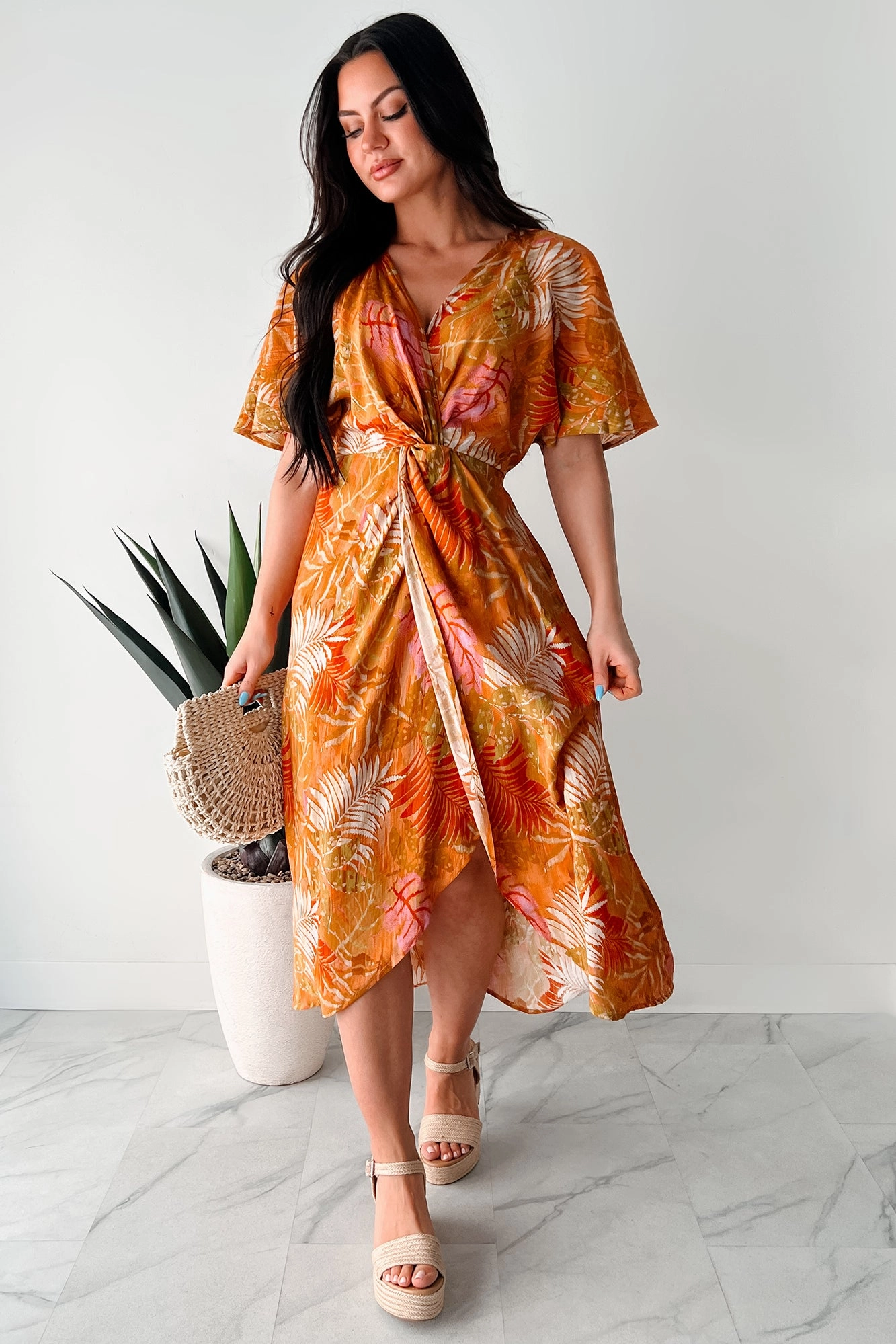 Slow Down & Smell The Roses Tropical Print Midi Dress (Mustard/Multi) Smooth Shape