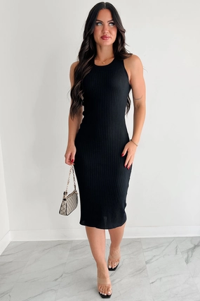 Half The Story Sleeveless Ribbed Midi Dress (Black) Slim Shape Resort Vibes