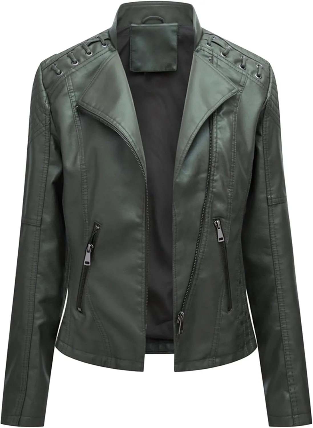 GRASWE Ladies PU Winter Short Coat Windproof Oblique Outwear Solid Color Stylish Fall Jacket