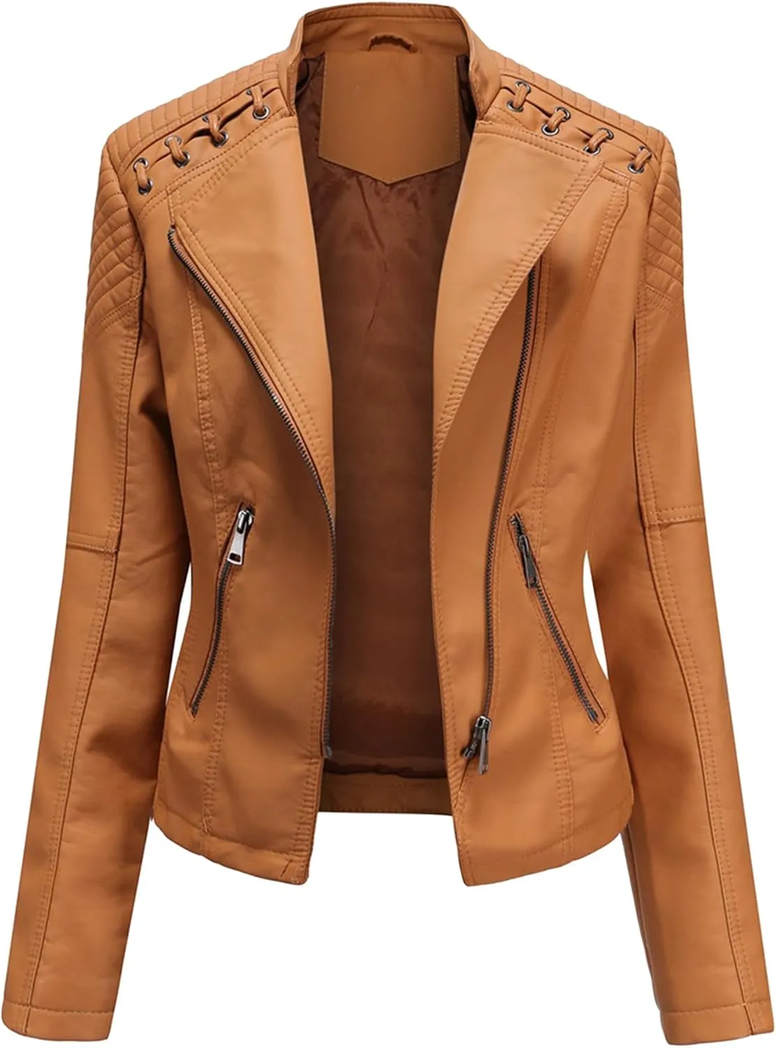 GRASWE Ladies PU Winter Short Coat Windproof Oblique Outwear Solid Color Stylish Fall Jacket