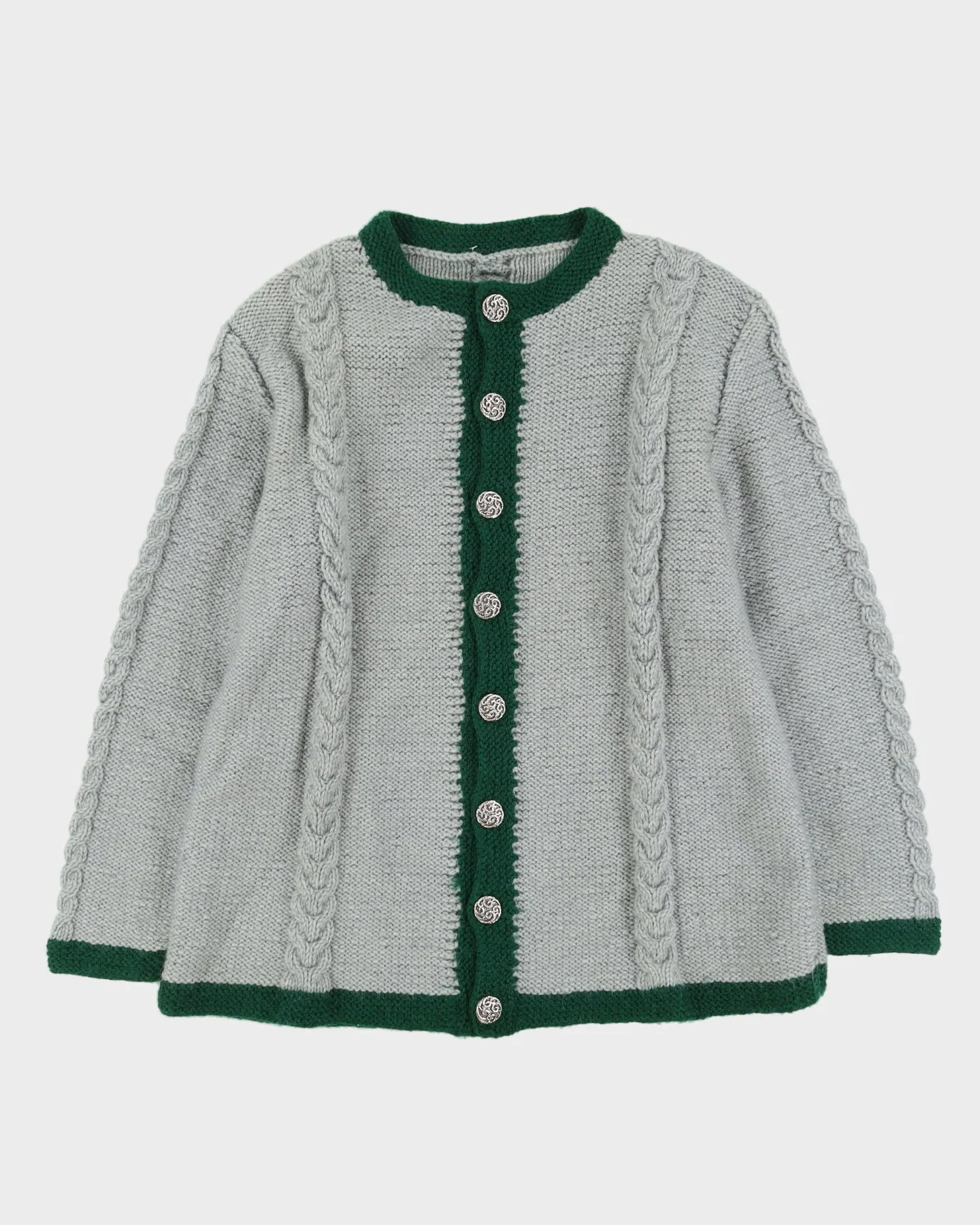 Grey And Green Hand Knitted Cardigan - XL