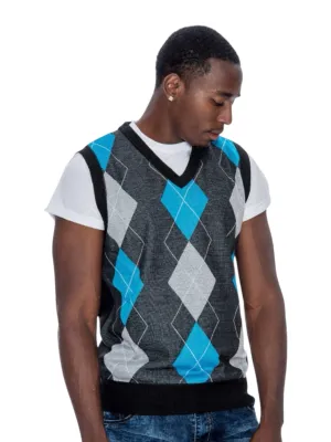 Grey-Teal Men's V-Neck Argyle Sweater Vest Knitwear Sleeveless Pullover STYLE-9910