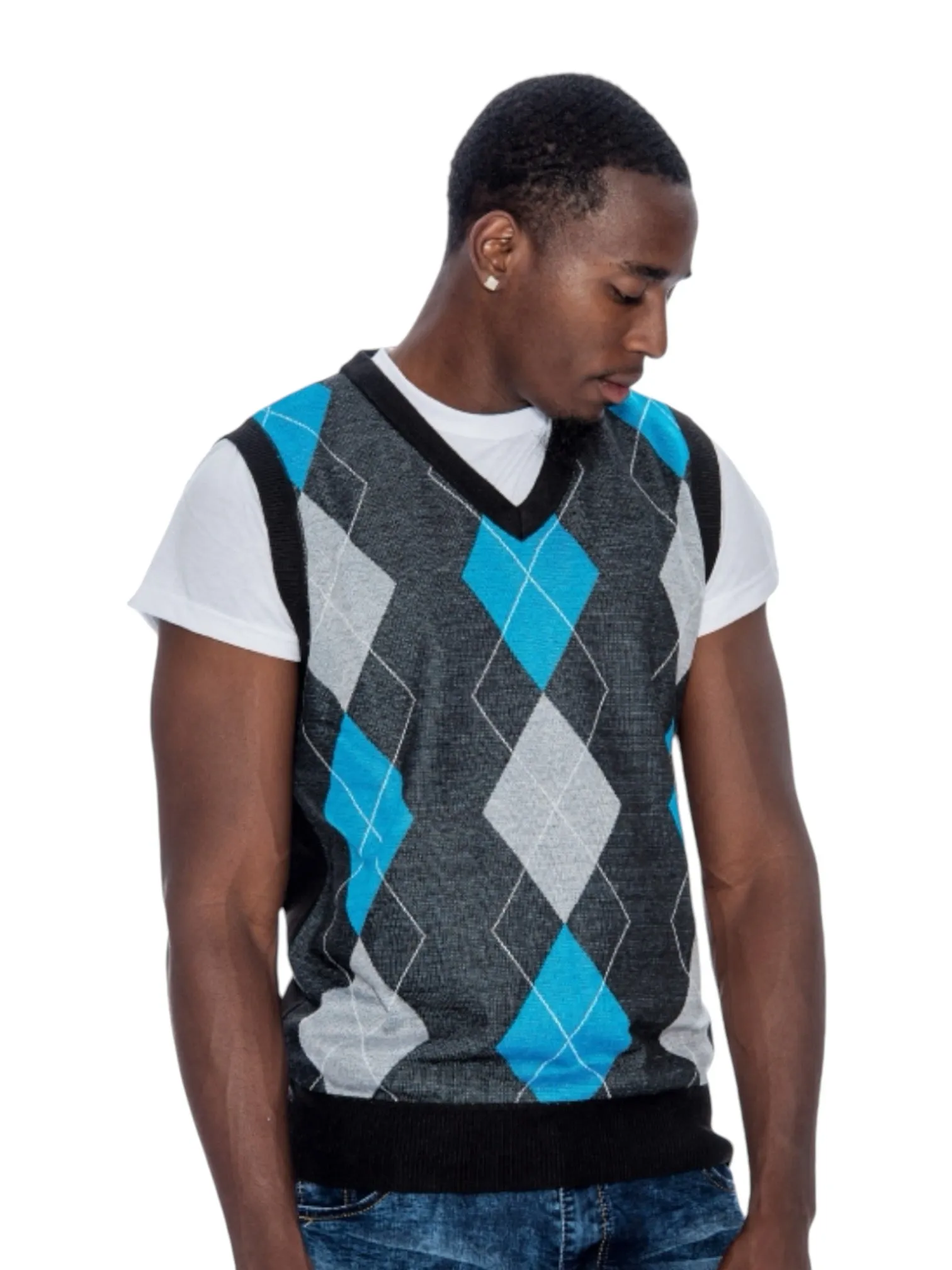 Grey-Teal Men's V-Neck Argyle Sweater Vest Knitwear Sleeveless Pullover STYLE-9910