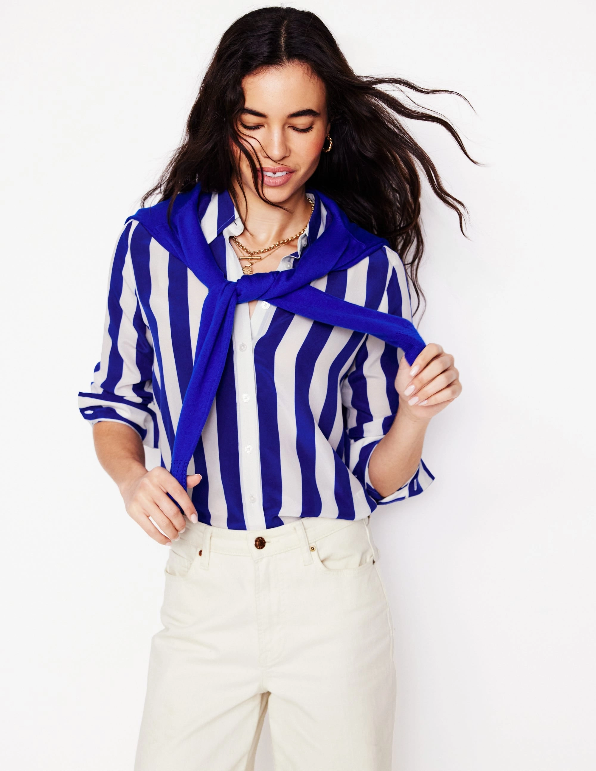 Sienna Silk Shirt-Bright Blue Wide Stripe SeamFreeShoulder YarnDyed Stripes