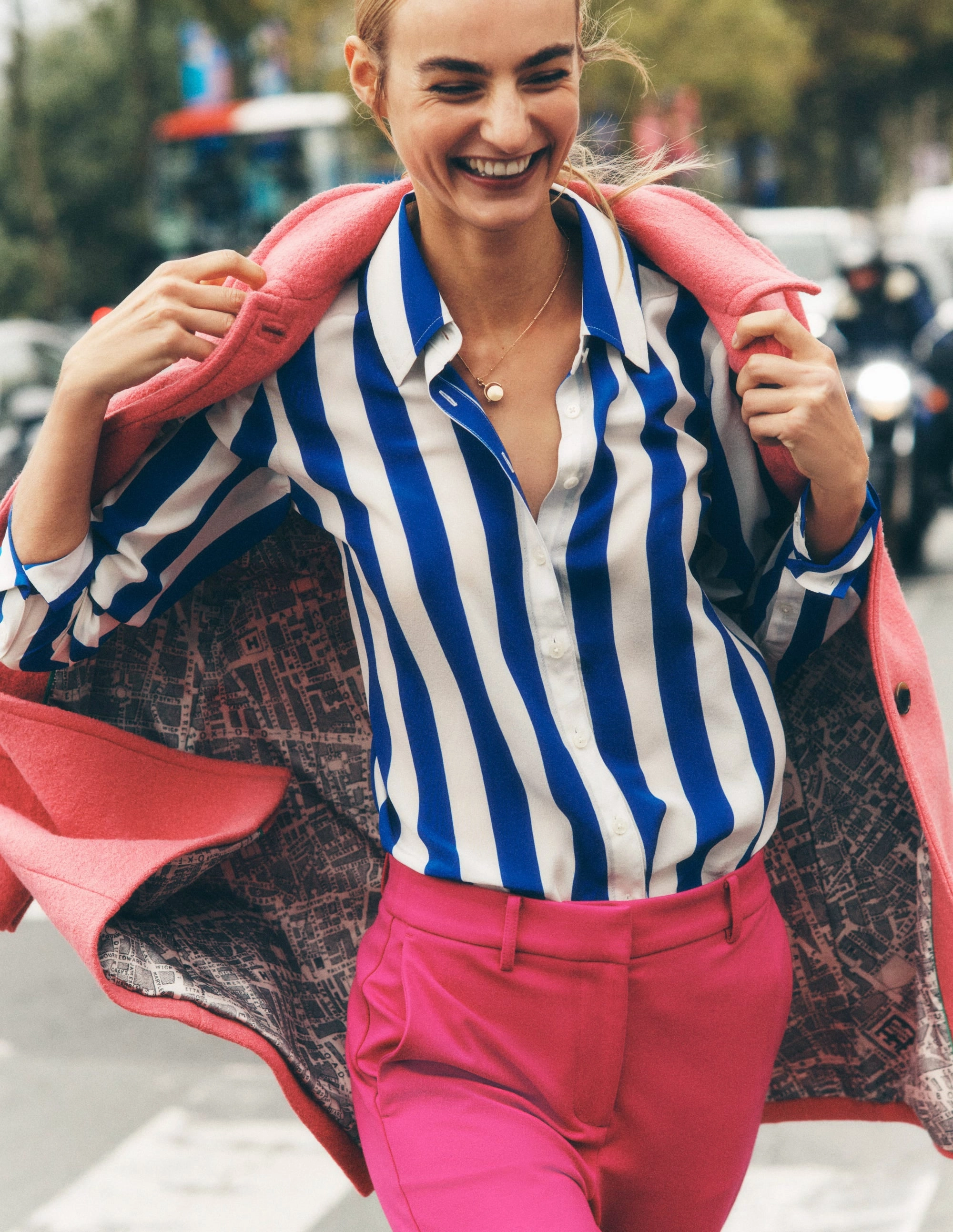 Relaxed Tee High Neckline Structure Sienna Silk Shirt-Bright Blue Wide Stripe