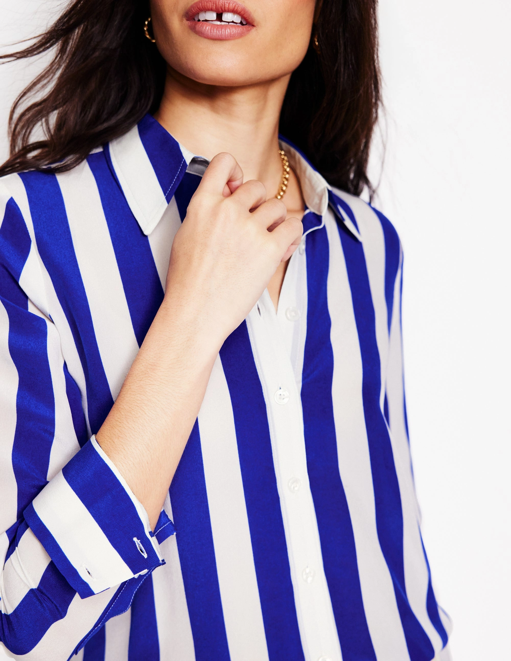 WaffleWeave Sienna Silk Shirt-Bright Blue Wide Stripe
