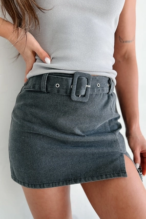 Growing Distant Belted Denim Mini Skirt (Washed Black) Smooth zipper closure Modern Relaxed
