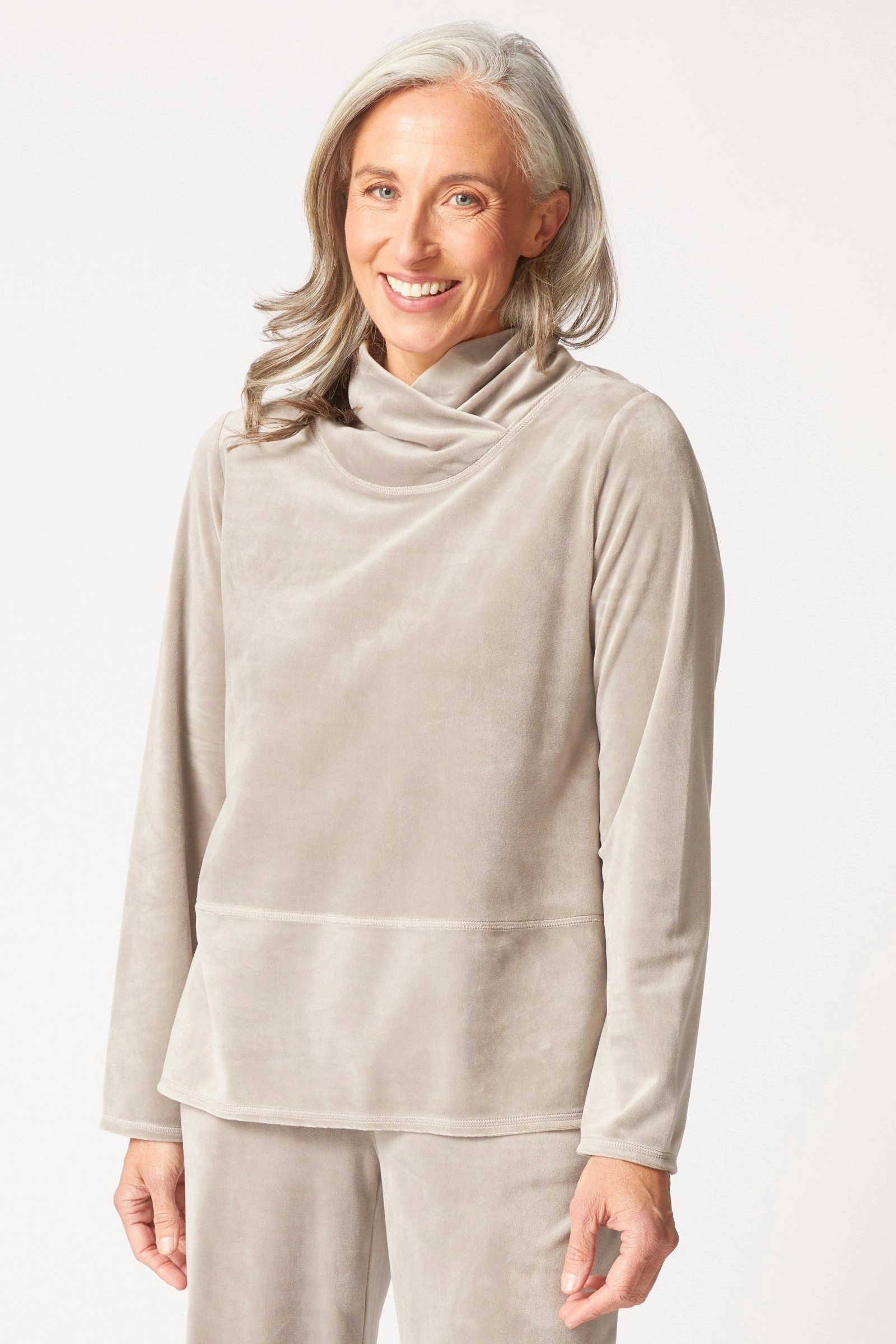 NonRestrictiveCollar Circular Knit Habitat Cozy Velour Tranquil Top in Latte