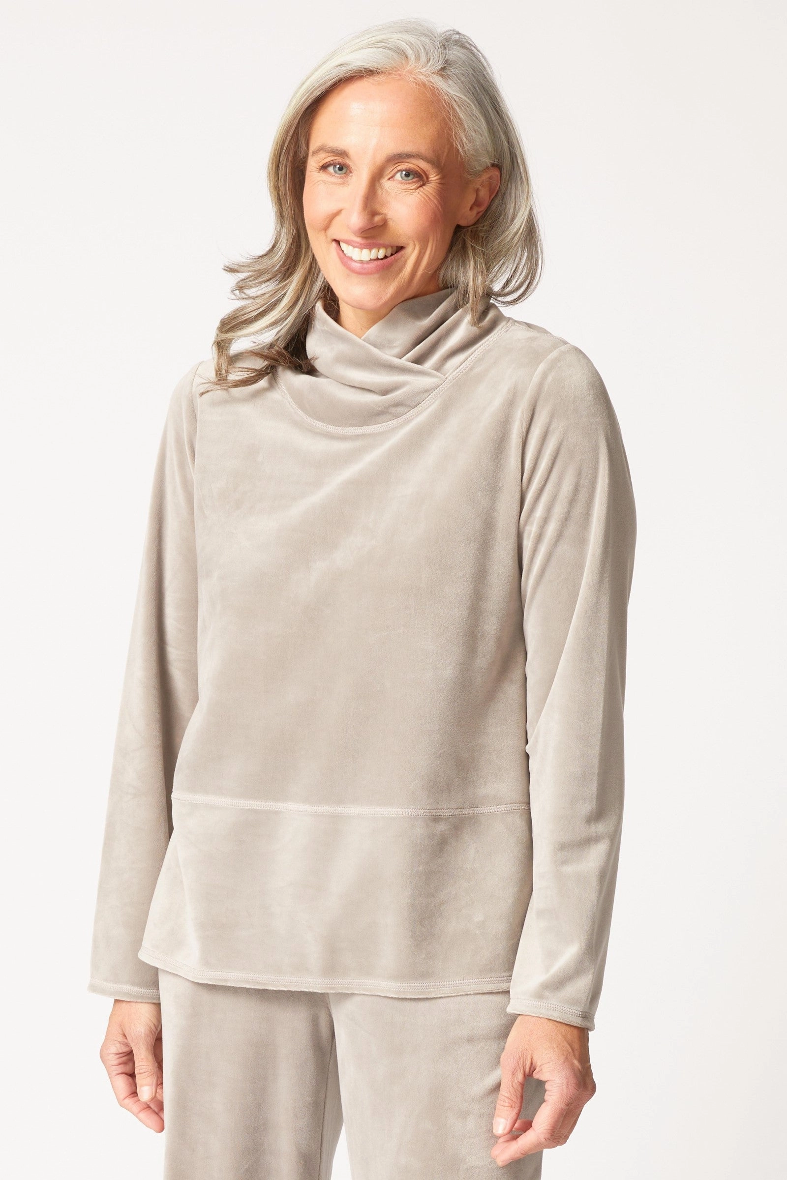Habitat Cozy Velour Tranquil Top in Latte Contoured Armhole Design Reflective Trim