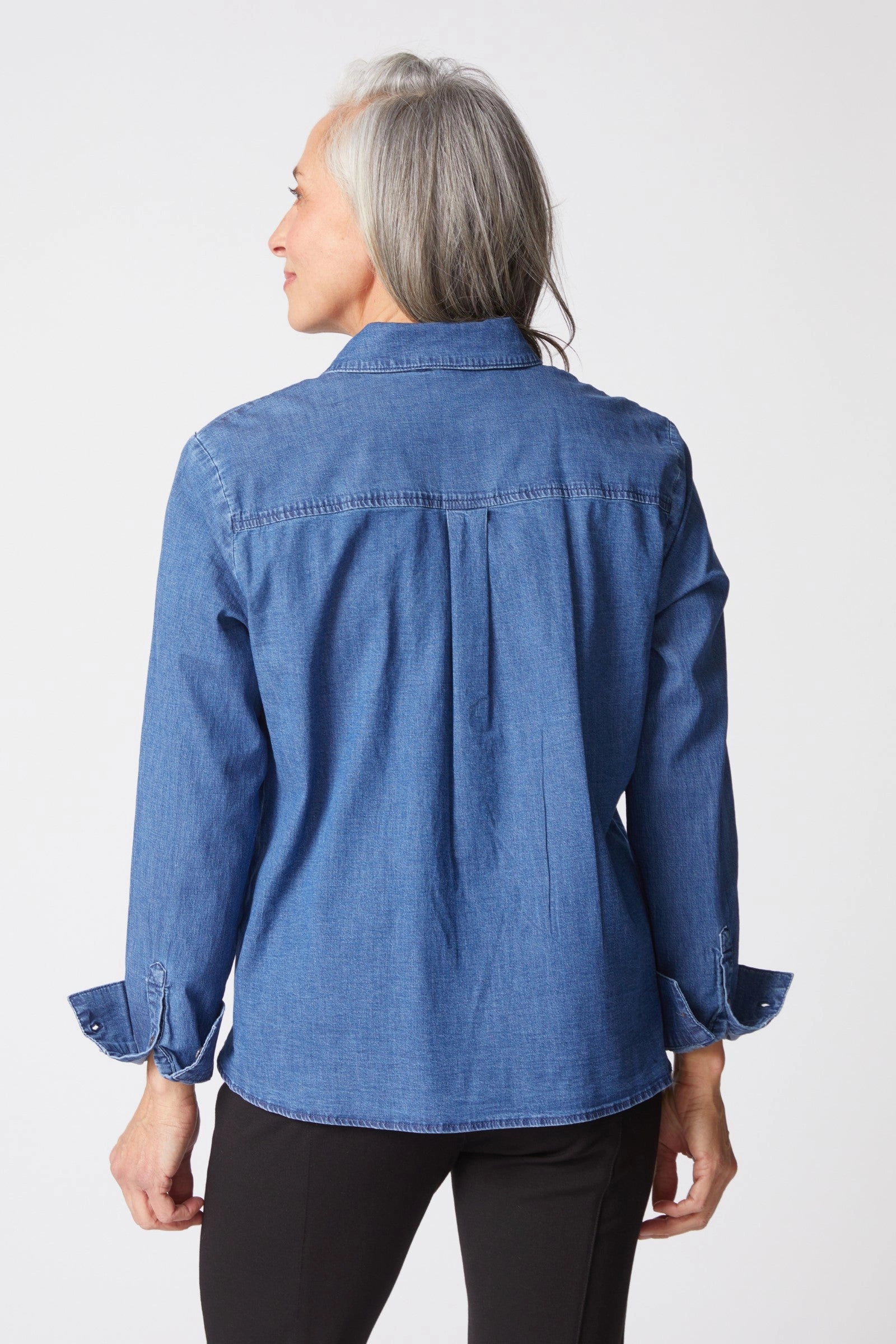 Habitat Perfect Travel Denim Shaped Hem in Medium Denim Formal Shirt AntiStatic Weave