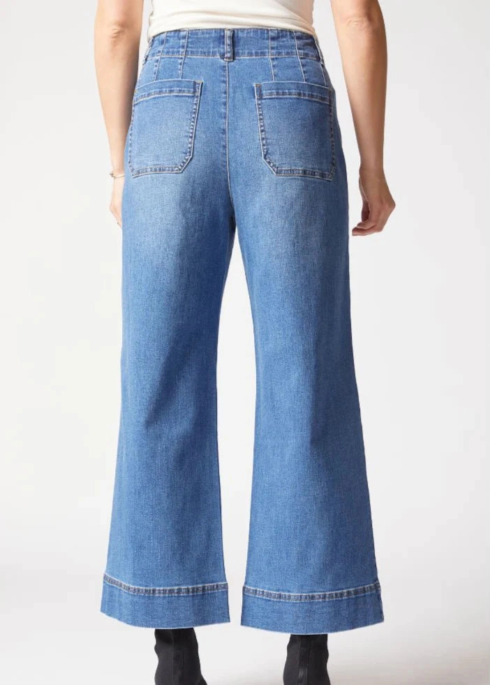 Yarn Dyed Stripes Flowing Design Habitat Stretch Denim Wide Leg Ankle Jean in Medium Denim