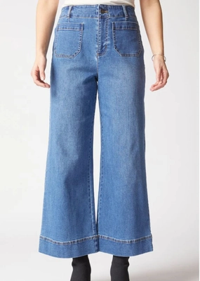 Habitat Stretch Denim Wide Leg Ankle Jean in Medium Denim Compact Jacquard Weave Reinforced Neckline