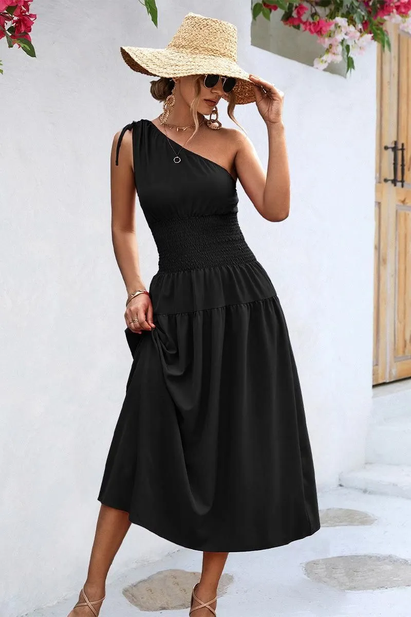 Breezy Fit HALF OFF SHOULDER SLIM WAIST MIDI DRESS