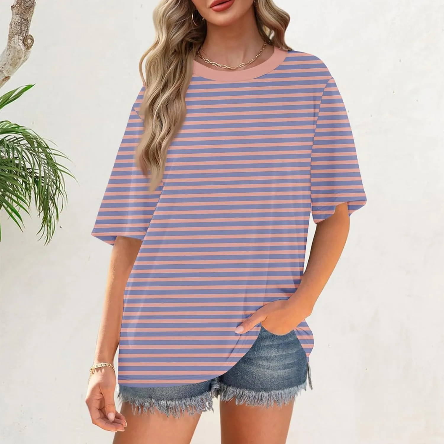 Half Sleeve Tops for Women Crew Neck Stripped Color Block Short Sleeve Shirts Casual Summer Elbow Length Tee Shirts