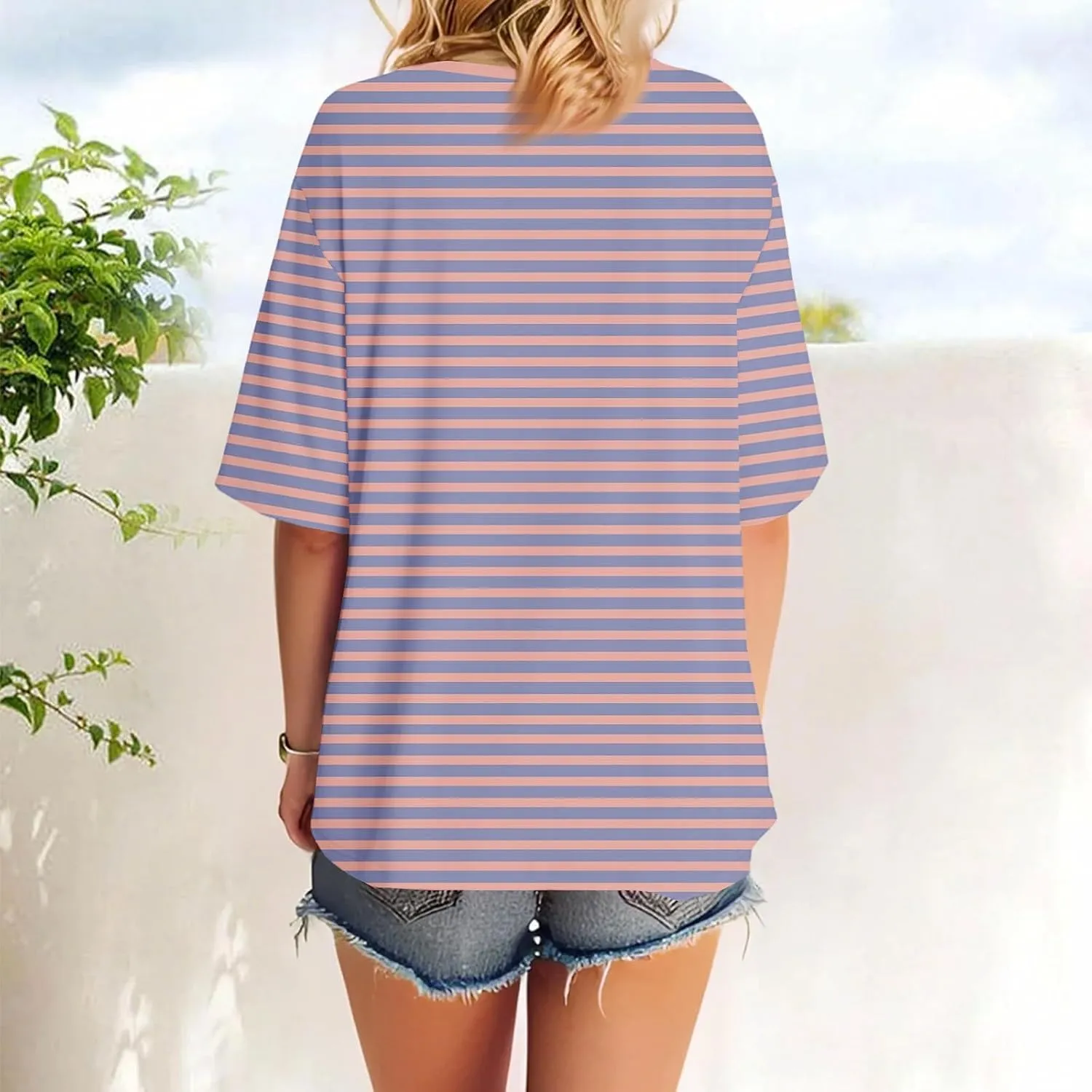 Half Sleeve Tops for Women Crew Neck Stripped Color Block Short Sleeve Shirts Casual Summer Elbow Length Tee Shirts