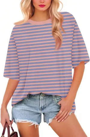Half Sleeve Tops for Women Crew Neck Stripped Color Block Short Sleeve Shirts Casual Summer Elbow Length Tee Shirts