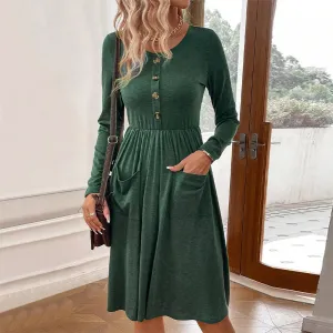 CREW NECK A LINE BUTTON POCKET KNITTED DRESS_CWDSD3222 Empire-Waist Bold Fashion
