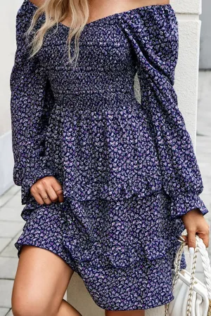 Simplistic Mood Tailored Piece WOMEN LONG SLEEVE RUFFLE TIRED FLORAL FLOWY DRESS