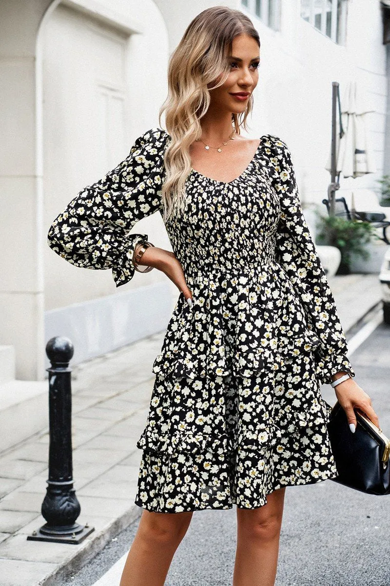 WOMEN LONG SLEEVE RUFFLE TIRED FLORAL FLOWY DRESS Breathable-Lining