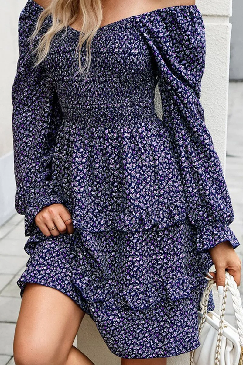 Simplistic Mood Tailored Piece WOMEN LONG SLEEVE RUFFLE TIRED FLORAL FLOWY DRESS