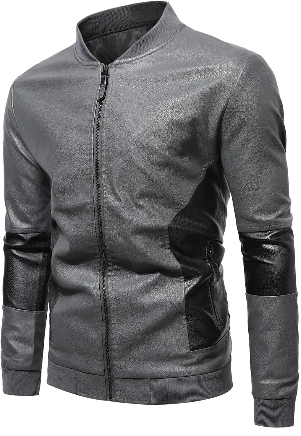 Handmade Men's Grey Faux Leather Jacket, Moto Motorcycle Bomber Punk Fashion Slim Fit Jacket