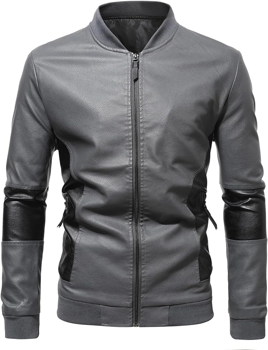 Handmade Men's Grey Faux Leather Jacket, Moto Motorcycle Bomber Punk Fashion Slim Fit Jacket