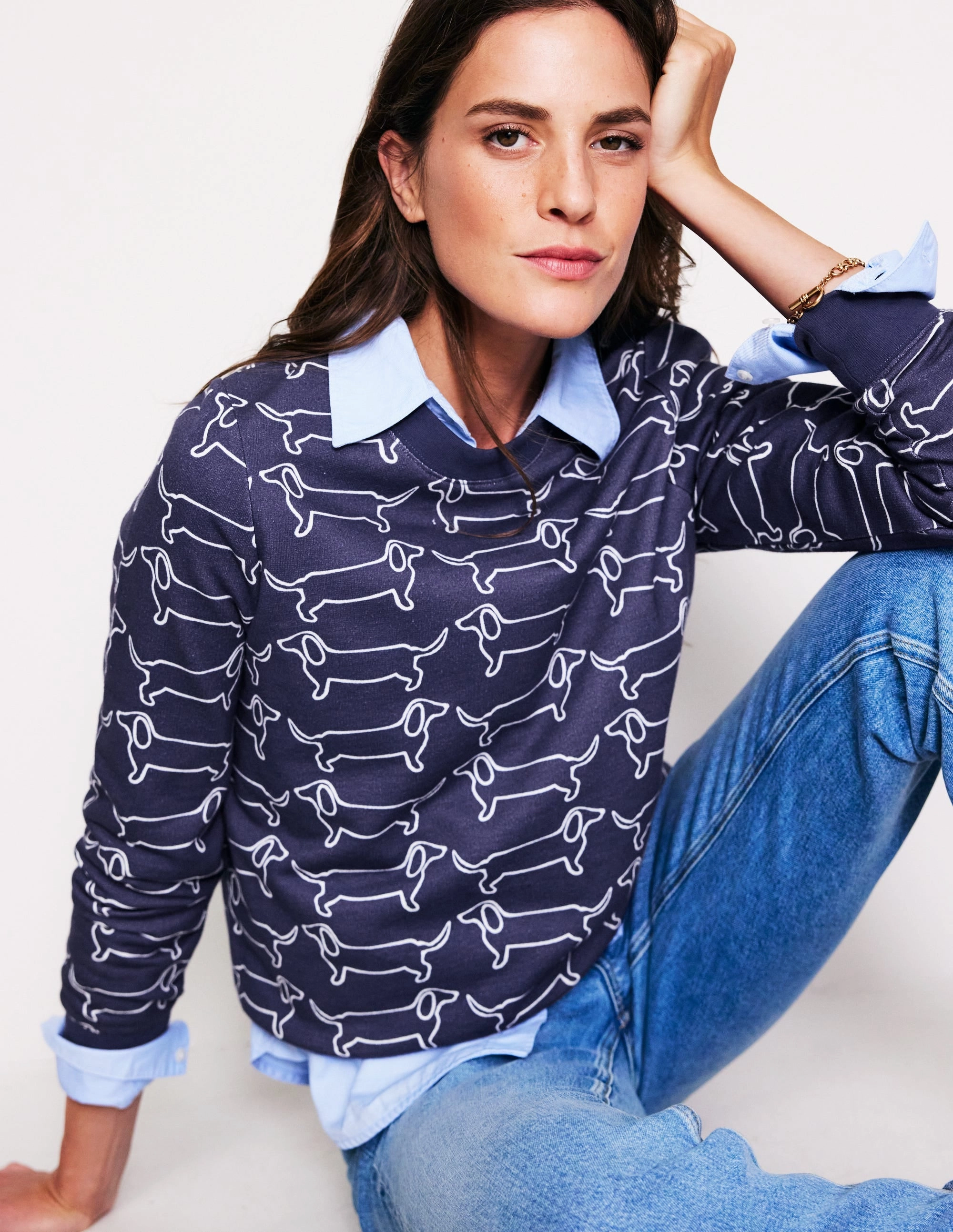 Hannah Printed Sweatshirt-Navy, Dachshund Classic Crew Neck