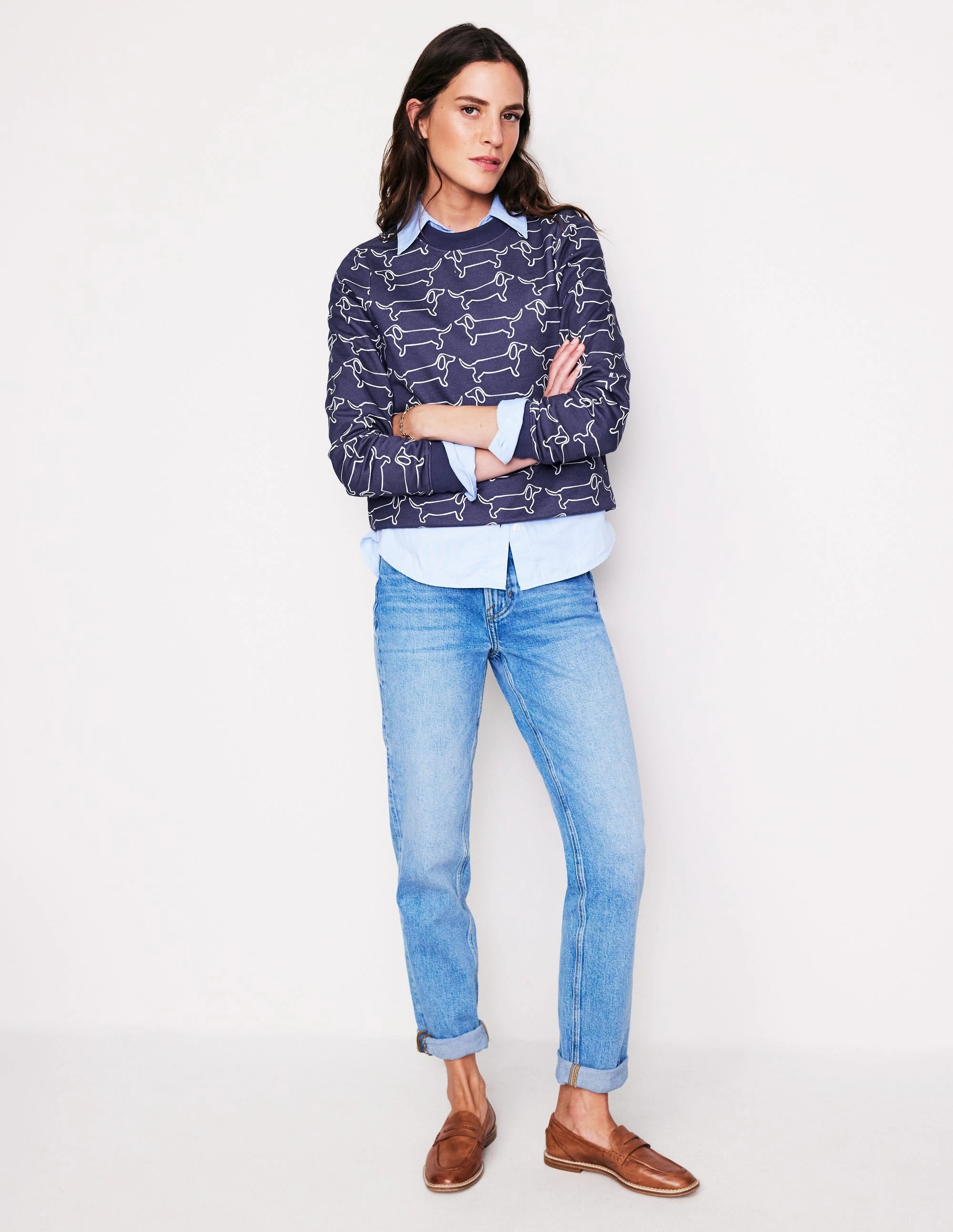 Hidden Storage Pockets Hannah Printed Sweatshirt-Navy, Dachshund