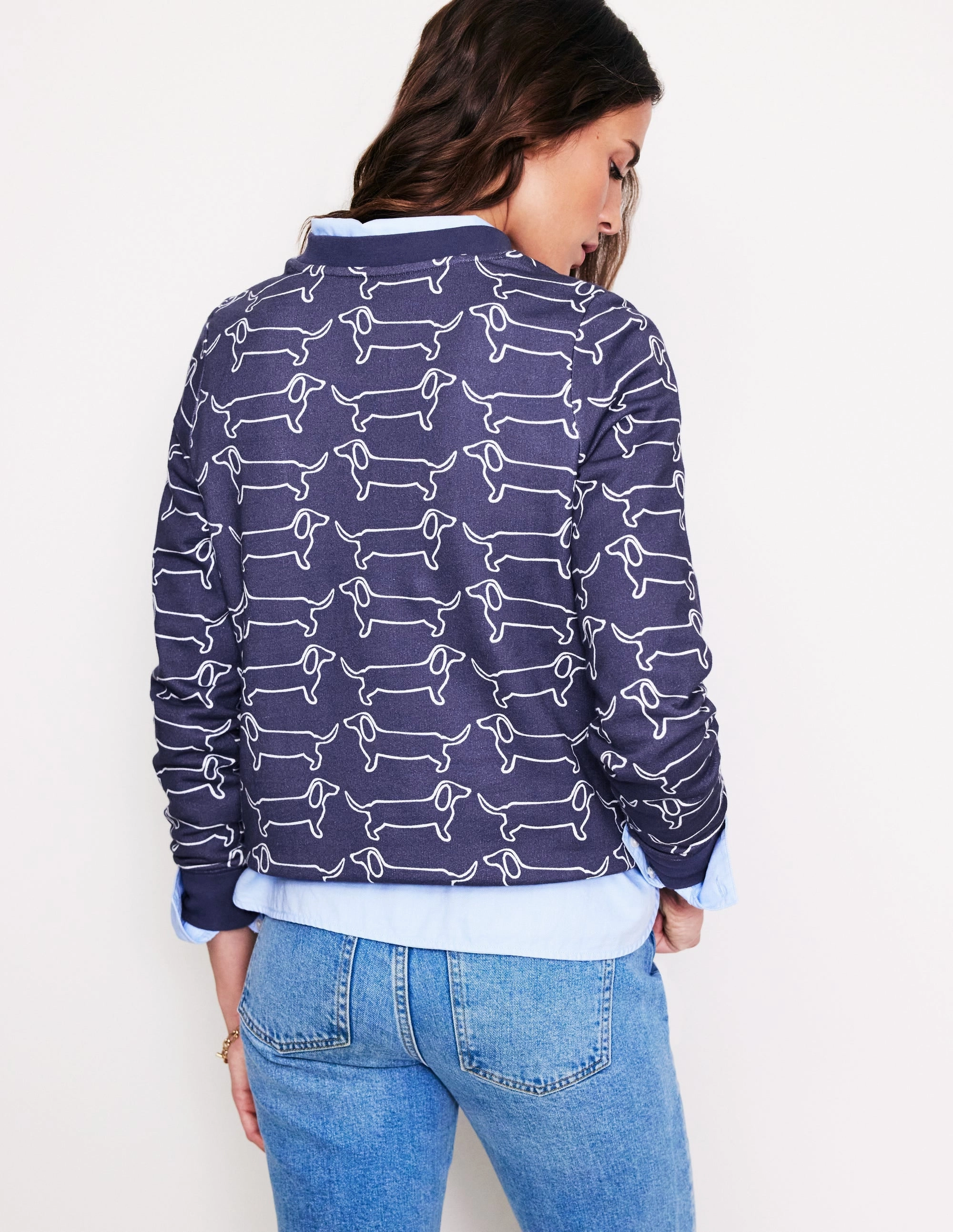 Hannah Printed Sweatshirt-Navy, Dachshund High Thread Count Cotton