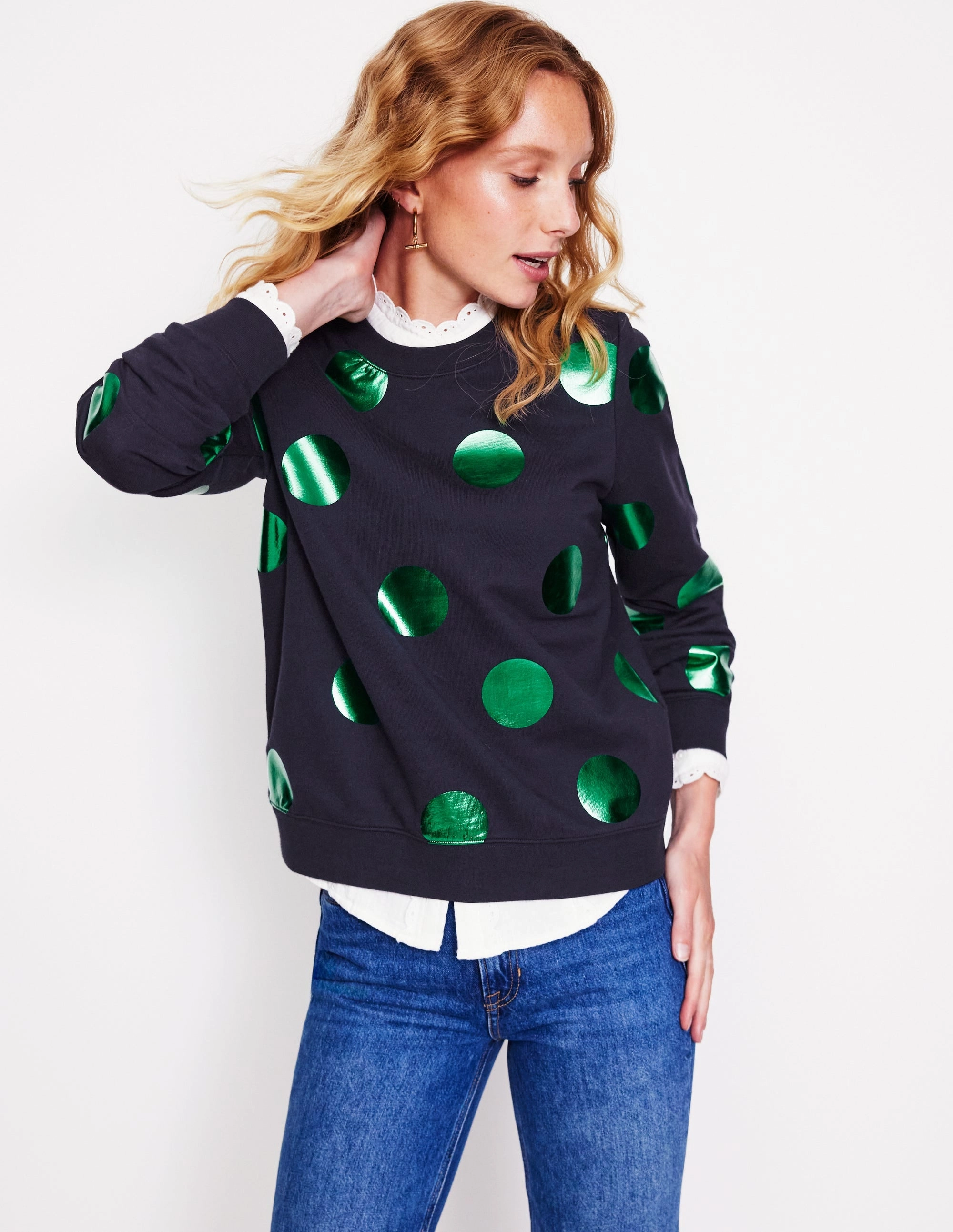 Hannah Printed Sweatshirt-Navy, Green Spot Tagless Labeling