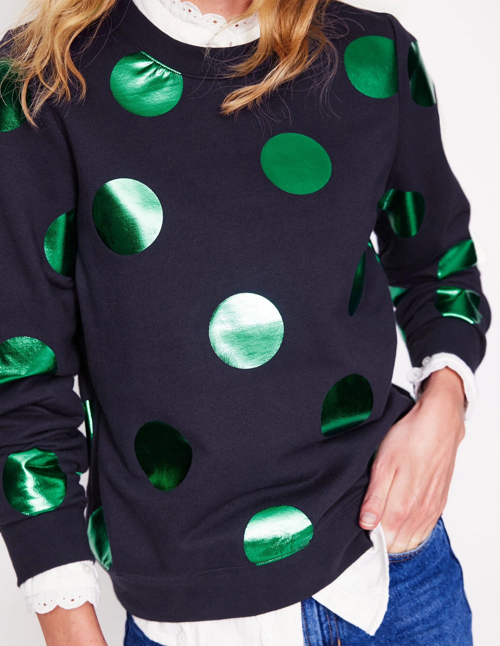 EasyCare Fabric Hannah Printed Sweatshirt-Navy, Green Spot