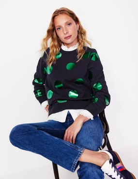Metallic Fiber Blend HeatPressedLogos Hannah Printed Sweatshirt-Navy, Green Spot