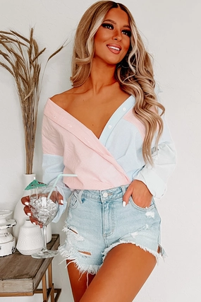 Bonded Seam Technology Happy Anywhere Oversized Colorblock Button-Down (Pink/Blue/Green)
