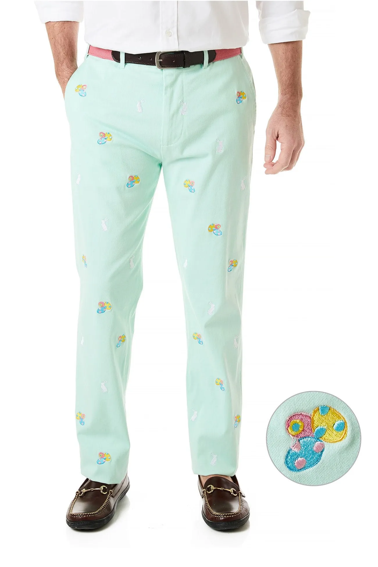 Multi Pocket System Comfy Ease Harbor Pant Stretch Twill Mint with Easter Eggs and Bunny