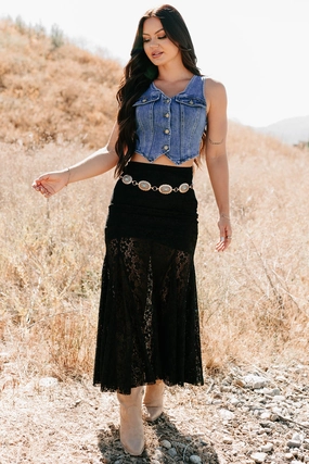 Active Layer Sporty Function Hard Launch Love Floral Lace Maxi Skirt (Black)