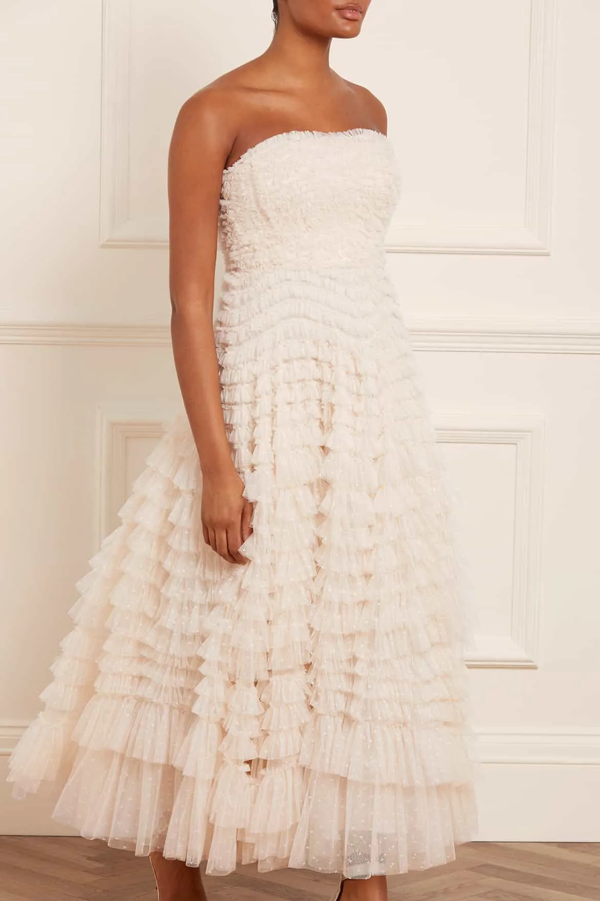 Side-Slit Simple Spirit Hattie Ruffle Strapless Ankle Gown