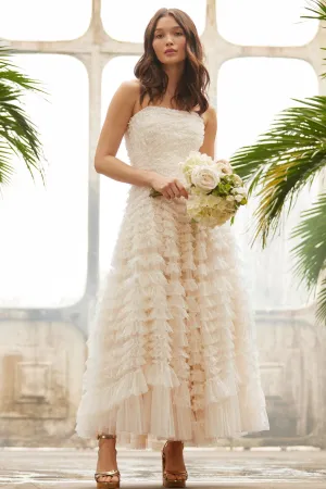 Hattie Ruffle Strapless Ankle Gown Puff-Sleeve