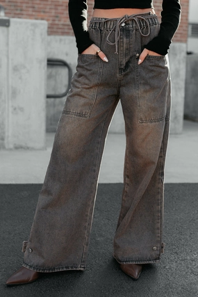 Hattie Wide Leg Washed Very J Jeans (Brown) Non Restrictive Armhole Cut