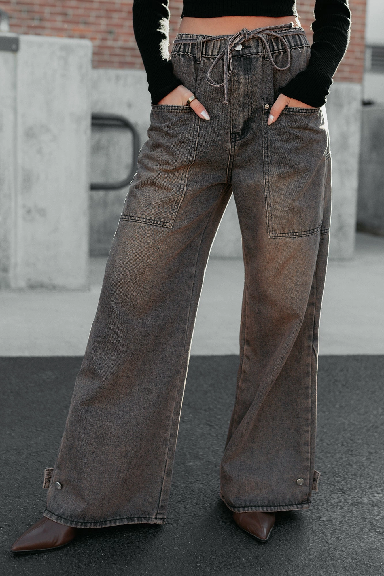 Hattie Wide Leg Washed Very J Jeans (Brown) CompressionFit Interlock Weave