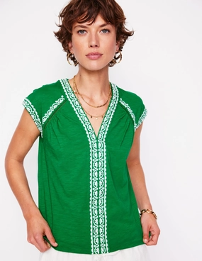 Hazel Cotton Embroidered Top-Rich Emerald Flatlock Seam Technology