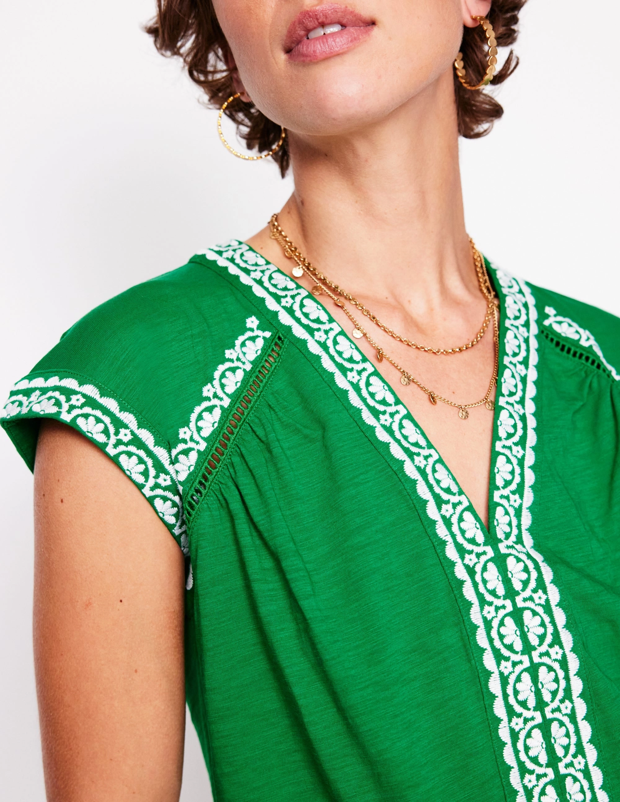 Hazel Cotton Embroidered Top-Rich Emerald LowProfileSeams Raw Edge Detail
