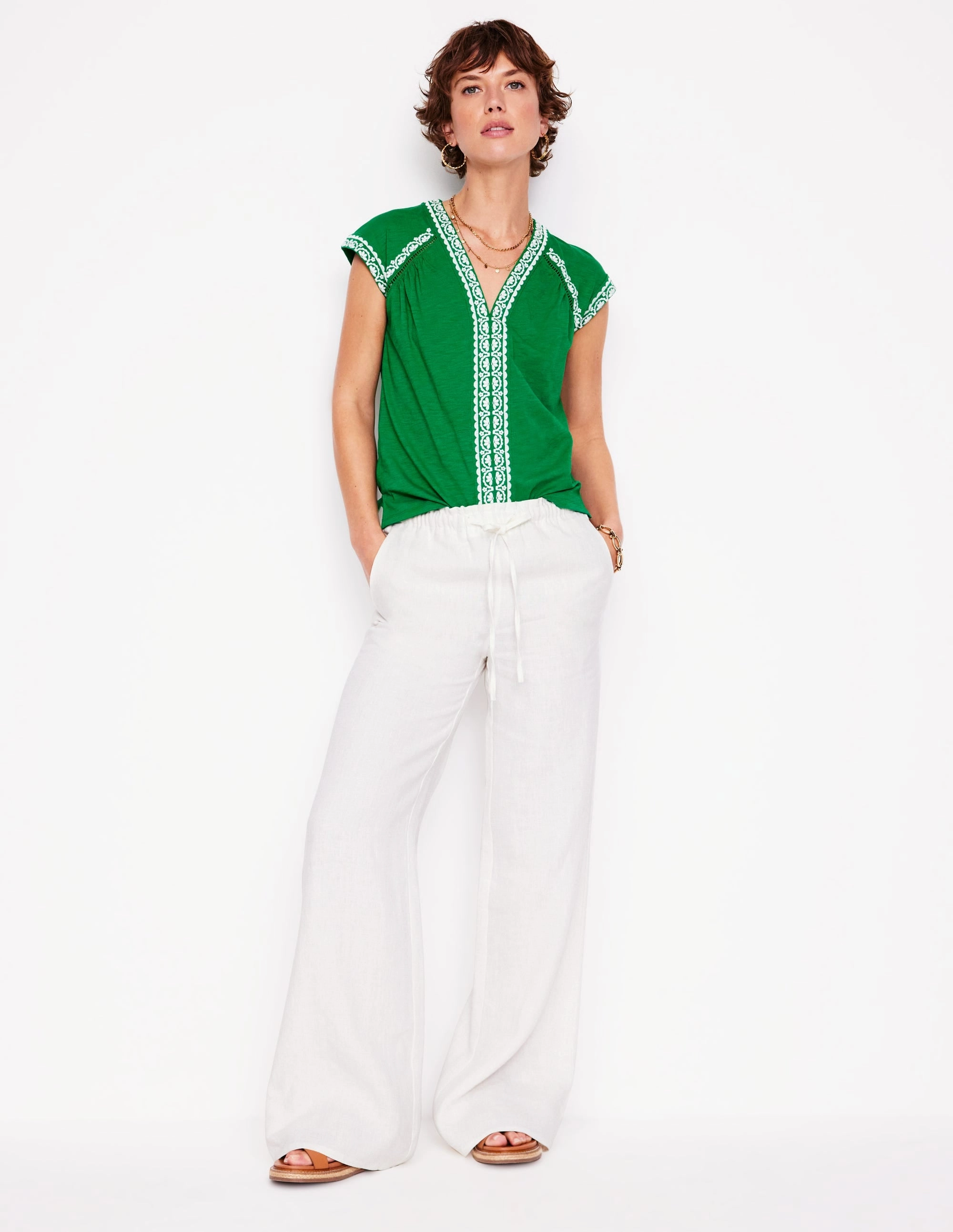 Stretch waistband Ventilation Panel Hazel Cotton Embroidered Top-Rich Emerald