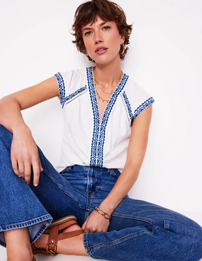 Hazel Cotton Embroidered Top-White LightweightLayeringSystem Raw Edge Detail
