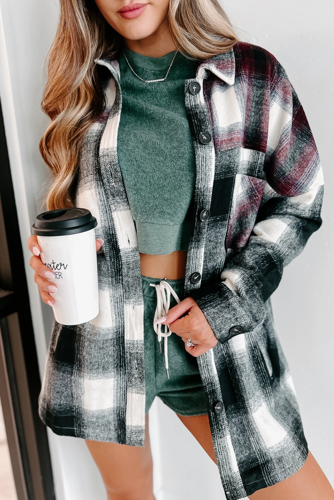Heading North Oversized Colorblock Plaid Shacket (Black/Burgundy) WaterResistant