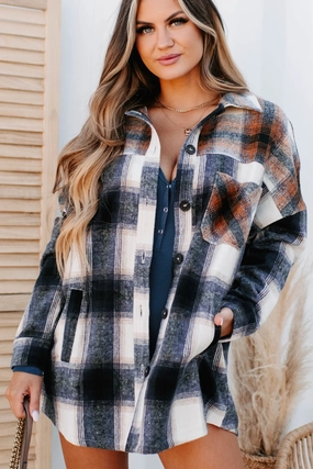 Heading North Oversized Colorblock Plaid Shacket (Navy/Rust) LowMaintenanceFabric