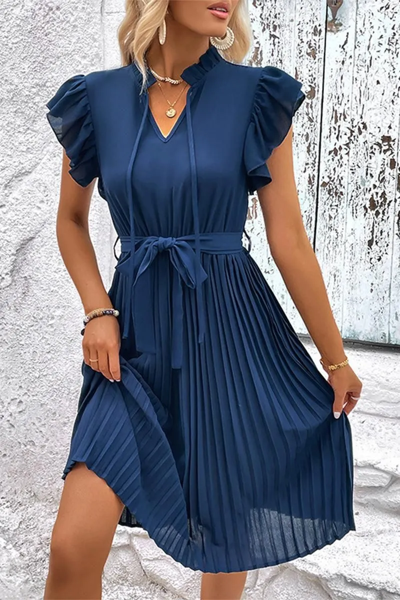 WOMEN RUFFLED HIGH NECK PLEATED KNEE LENGTH DRESS Compact Fit